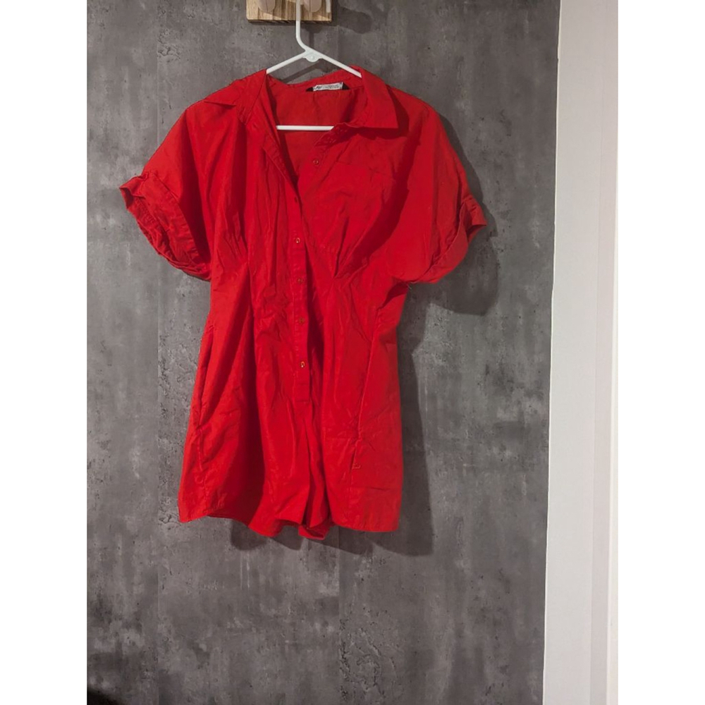 Red Short-Sleeve Button-Front Jumpsuit
